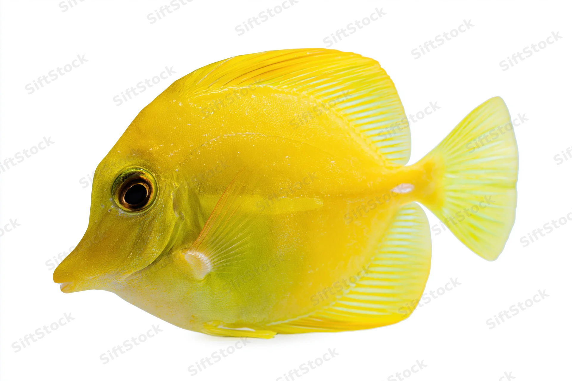 Yellow tang fish in profile view isolated on white background