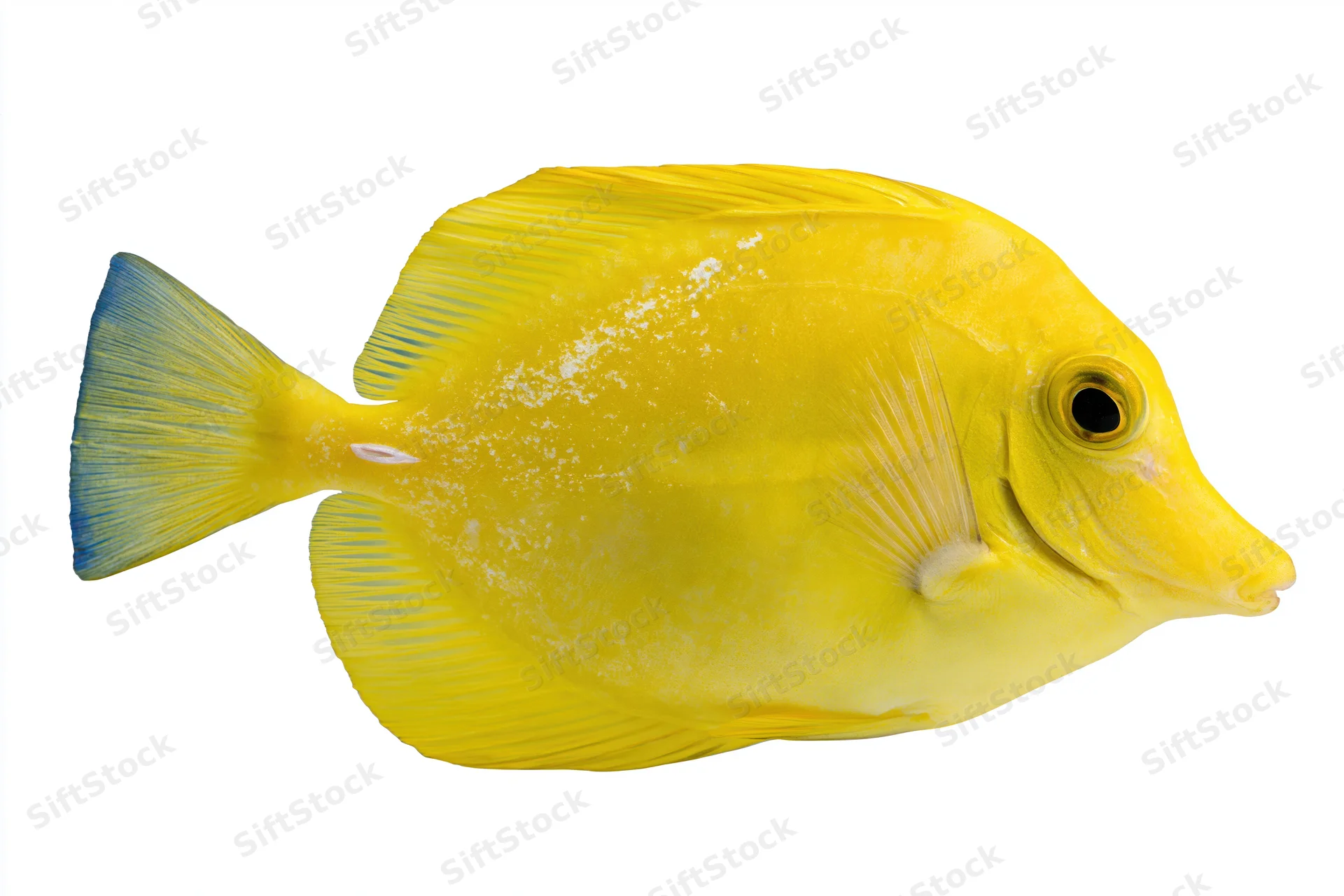 Yellow tang tropical fish in profile against white background