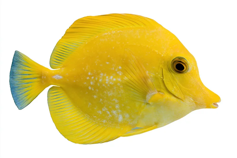 Yellow tang tropical fish in profile against white background