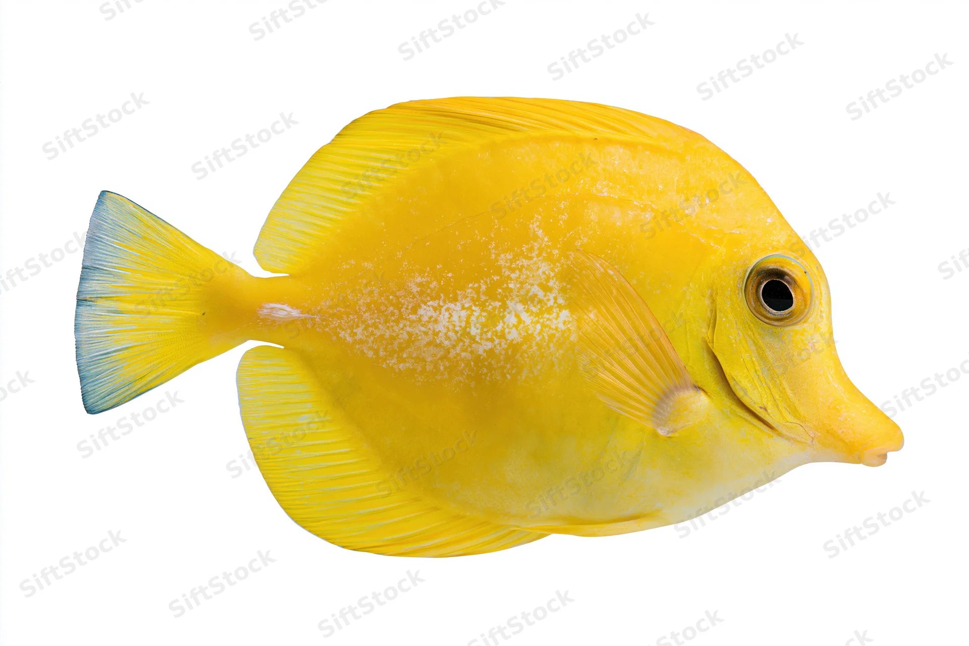 Yellow tang fish in profile view isolated on white background