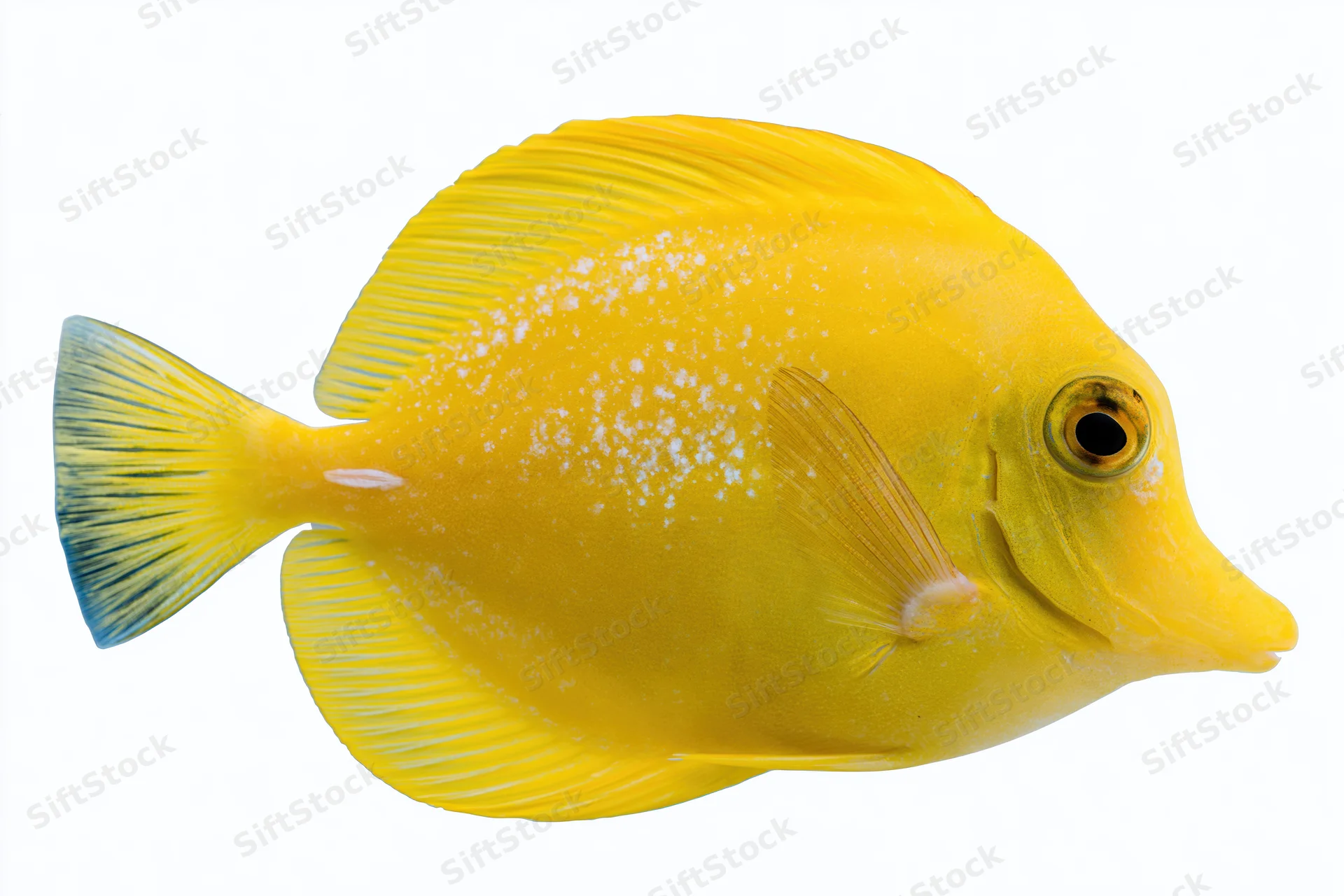 Yellow tang tropical fish in profile against white background