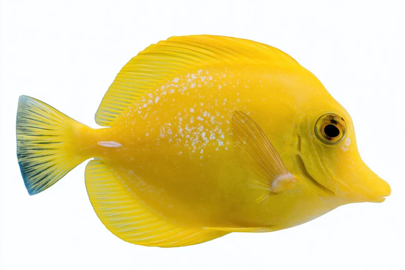 Yellow tang tropical fish in profile against white background