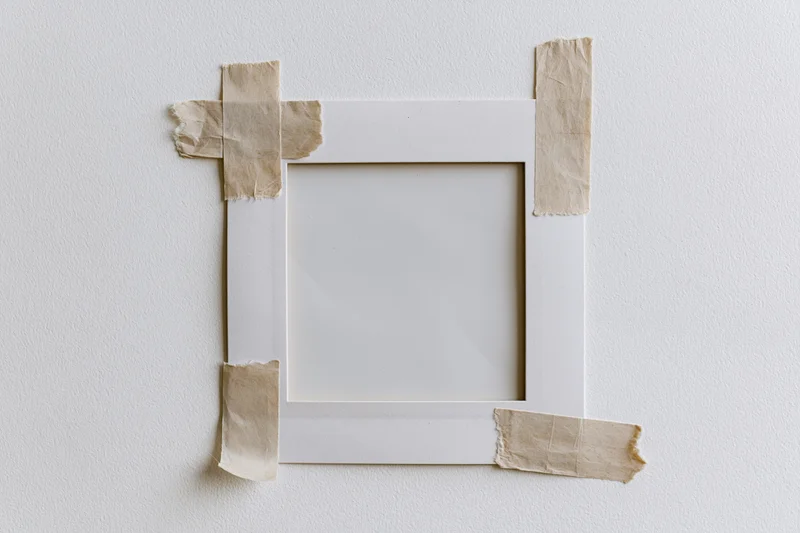 Blank polaroid frame taped to white wall with beige paper tape