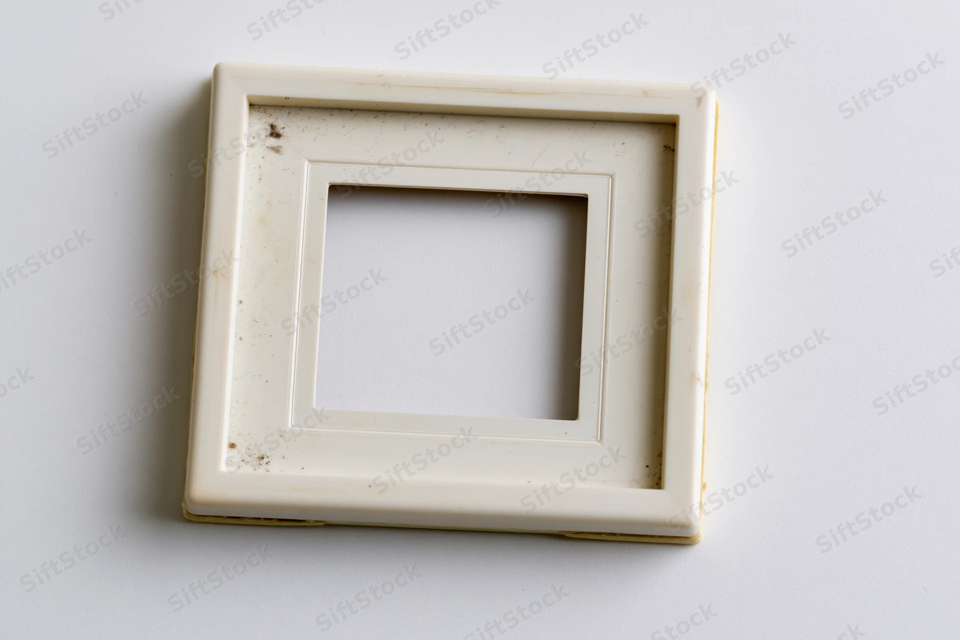 Vintage polaroid photo frame lying flat on white surface with visible stains and wear