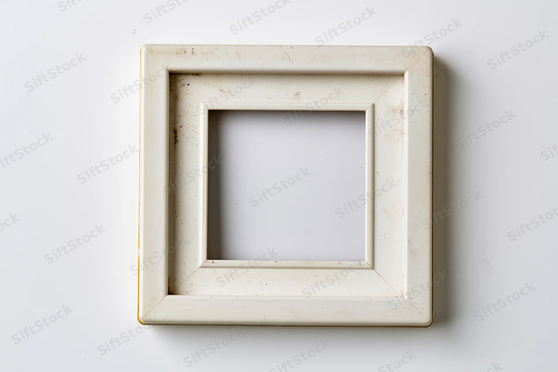 Vintage polaroid photo frame lying flat on white surface with empty center and distressed edges