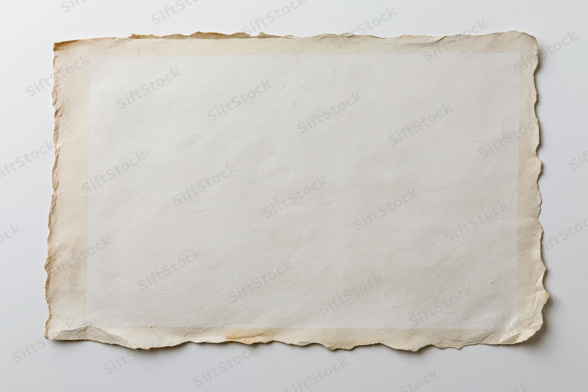 Vintage blank photograph print with torn edges lying flat on white background