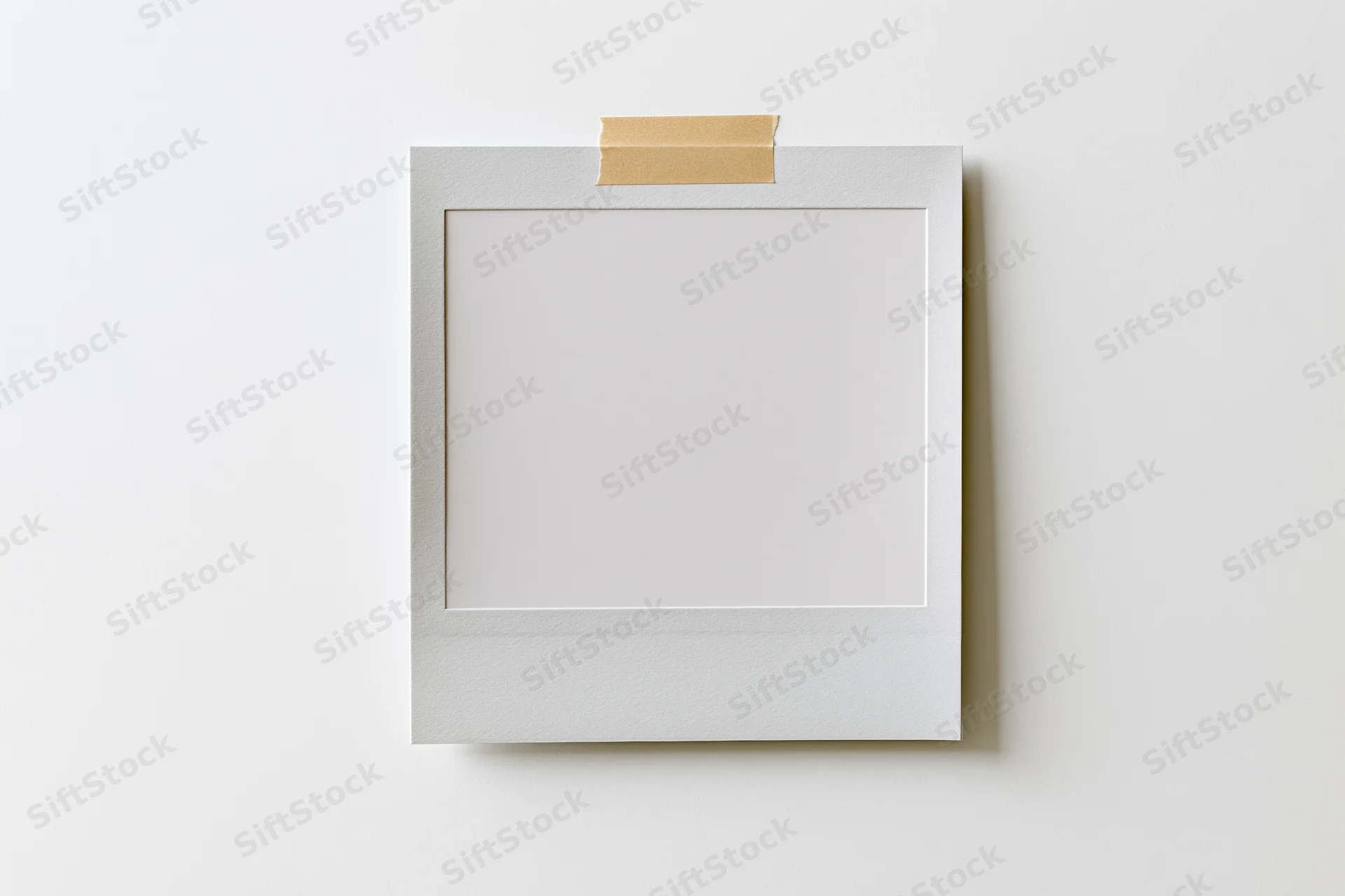 Blank polaroid photo print taped to white surface