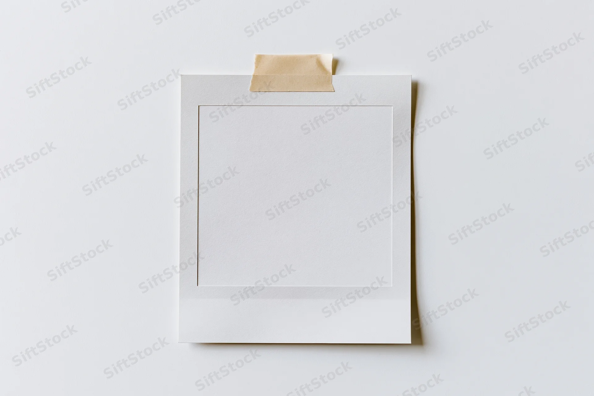 Blank polaroid photo print taped to white surface