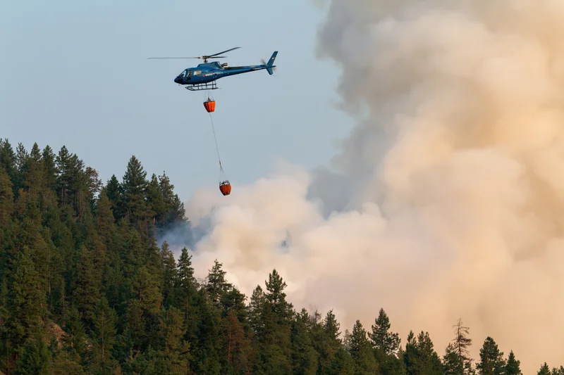 Blue helicopter carrying orange water bucket over smoky forest during wildfire firefighting operation