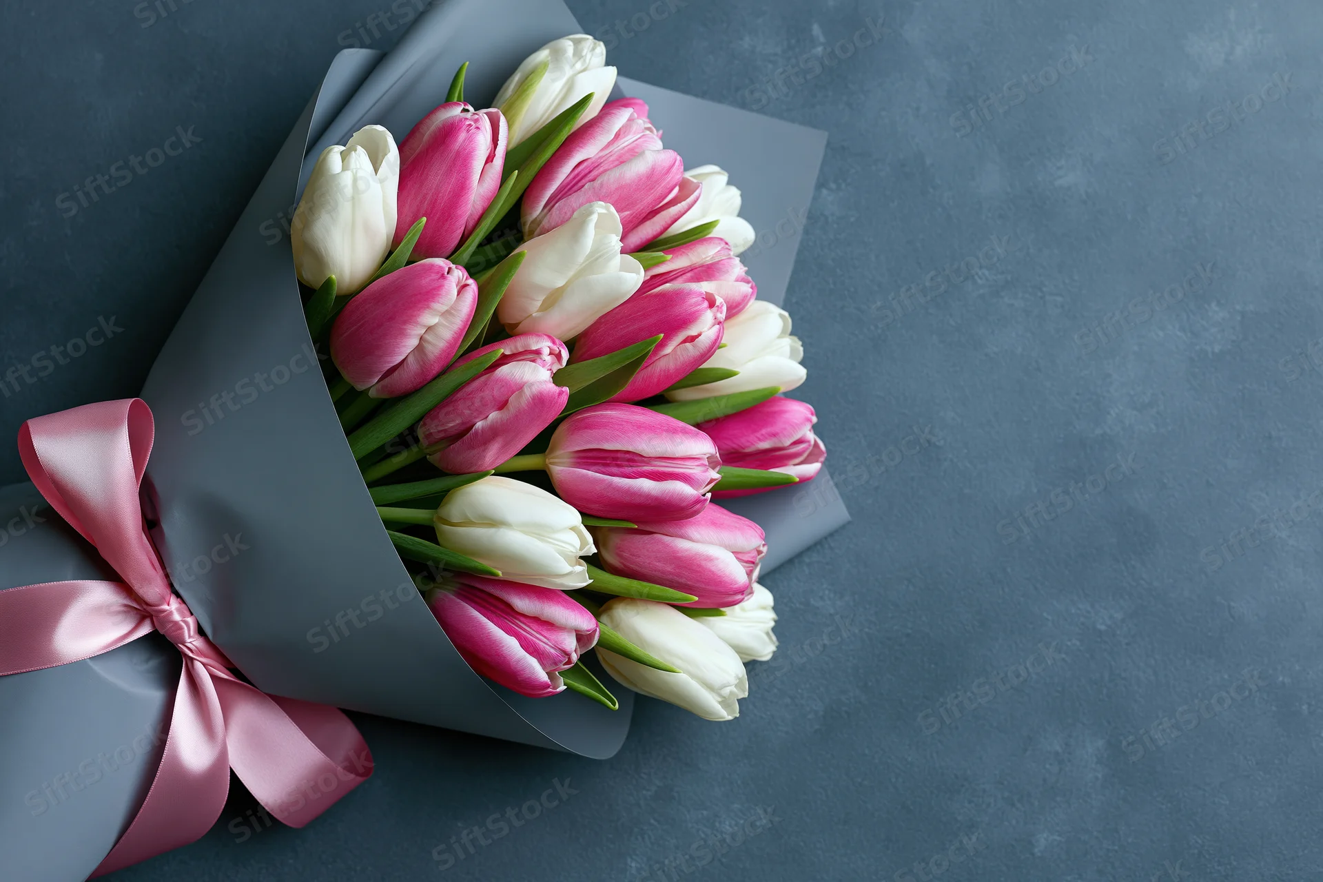 Bouquet of pink and white tulips wrapped in grey paper with pink ribbon on dark surface