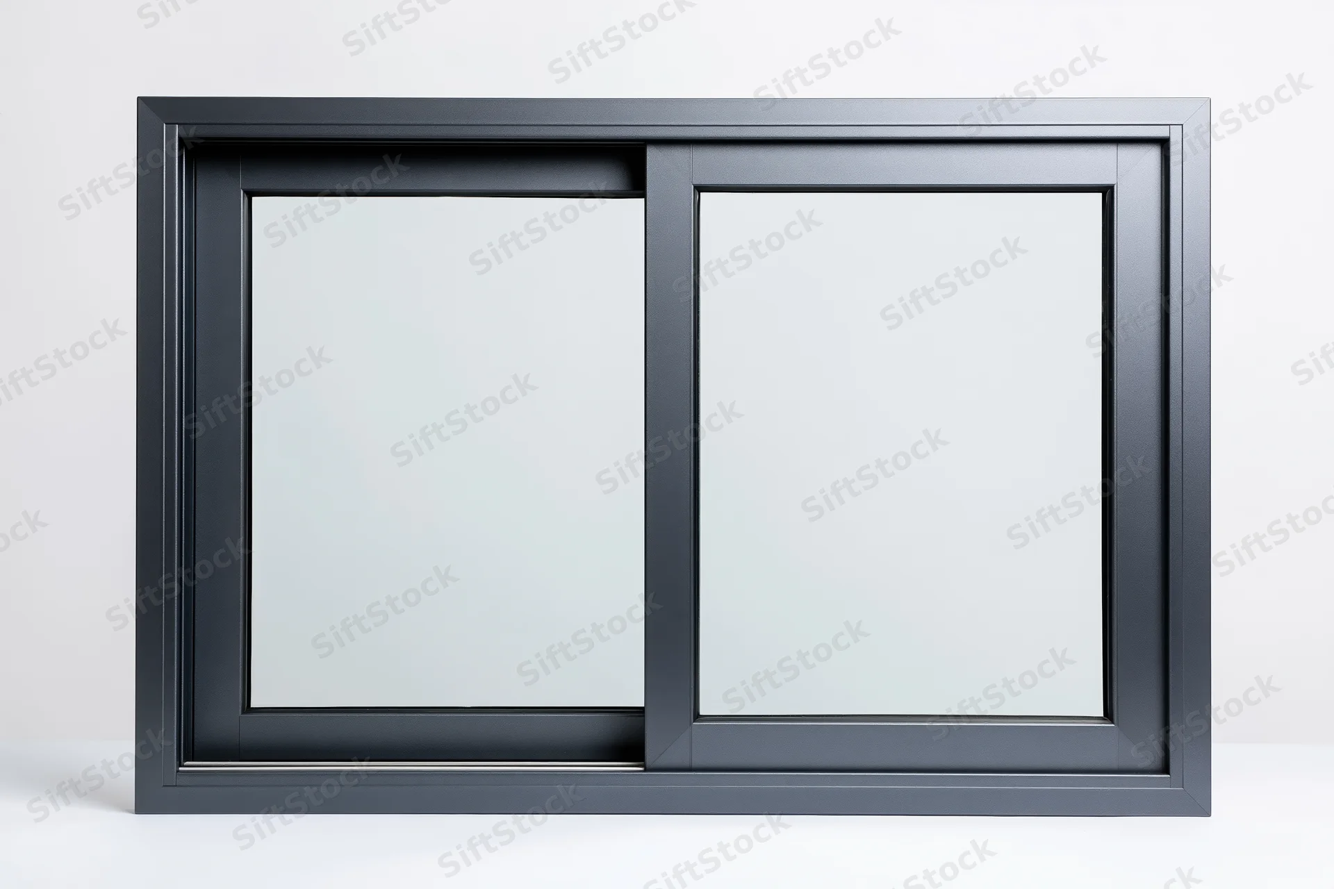 Dark charcoal aluminum sliding window frame with two glass panes on white background