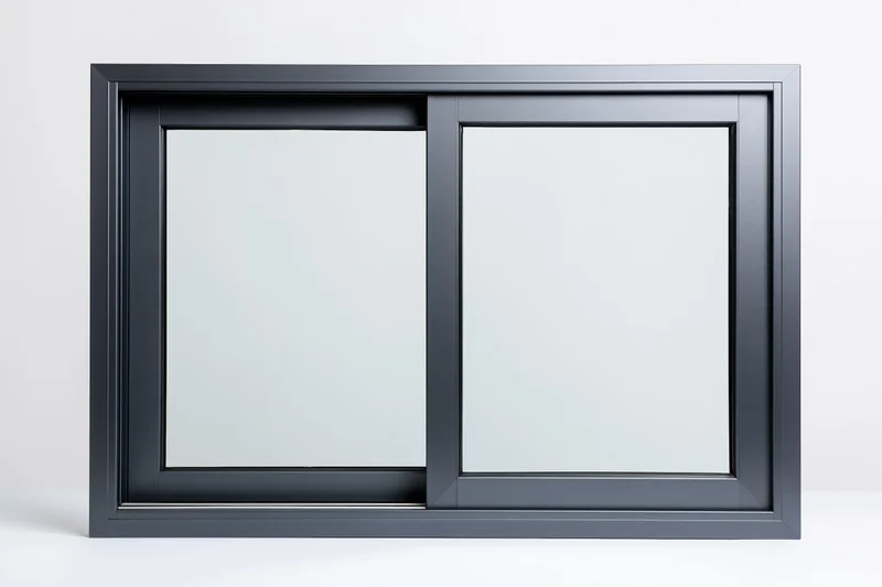 Dark charcoal aluminum sliding window frame with two glass panes on white background