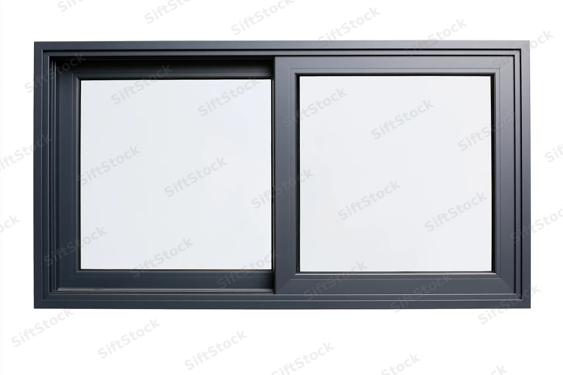 Dark charcoal aluminum sliding window with two glass panes isolated on white