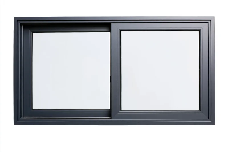 Dark charcoal aluminum sliding window with two glass panes isolated on white