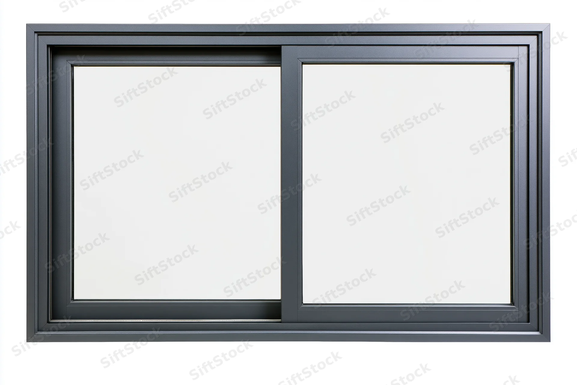 Dark charcoal aluminum sliding window with two glass panes on white background