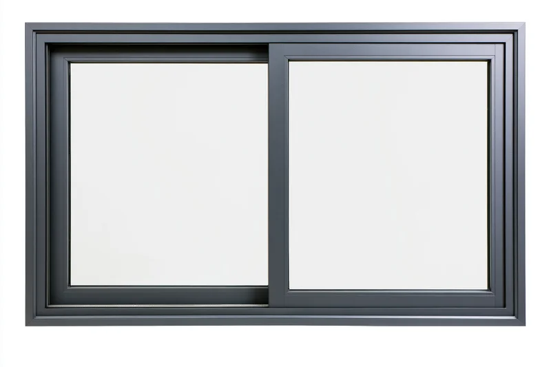 Dark charcoal aluminum sliding window with two glass panes on white background