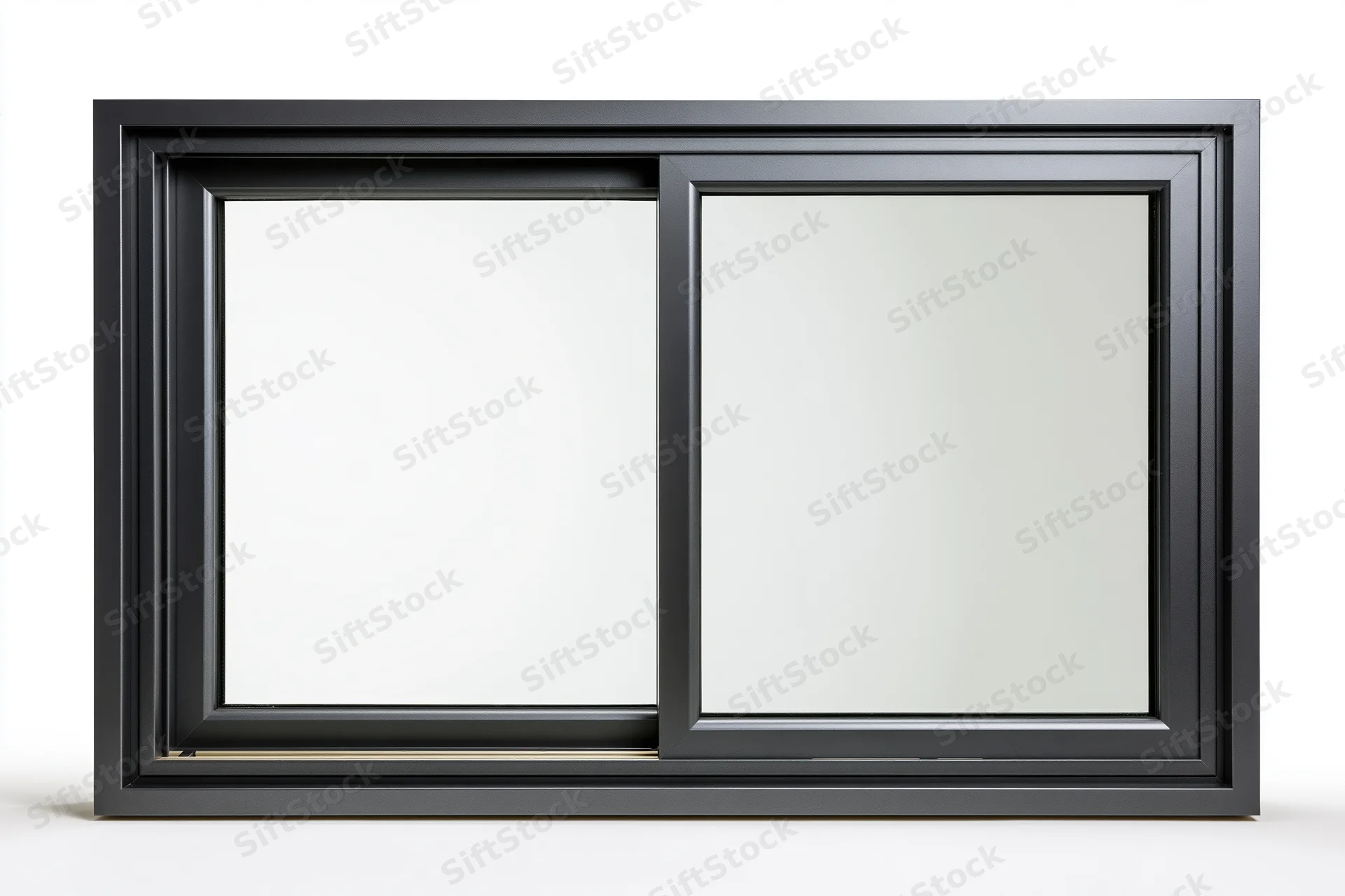 Dark charcoal aluminum sliding window frame with two glass panes isolated on white background