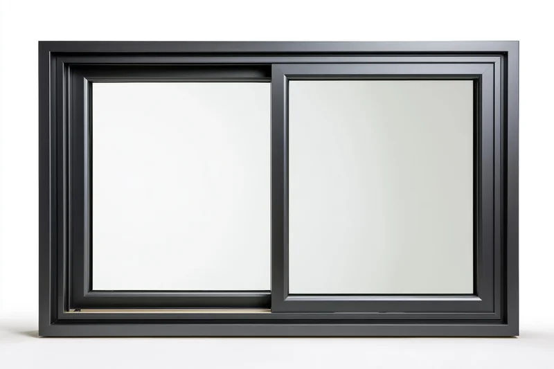 Dark charcoal aluminum sliding window frame with two glass panes isolated on white background