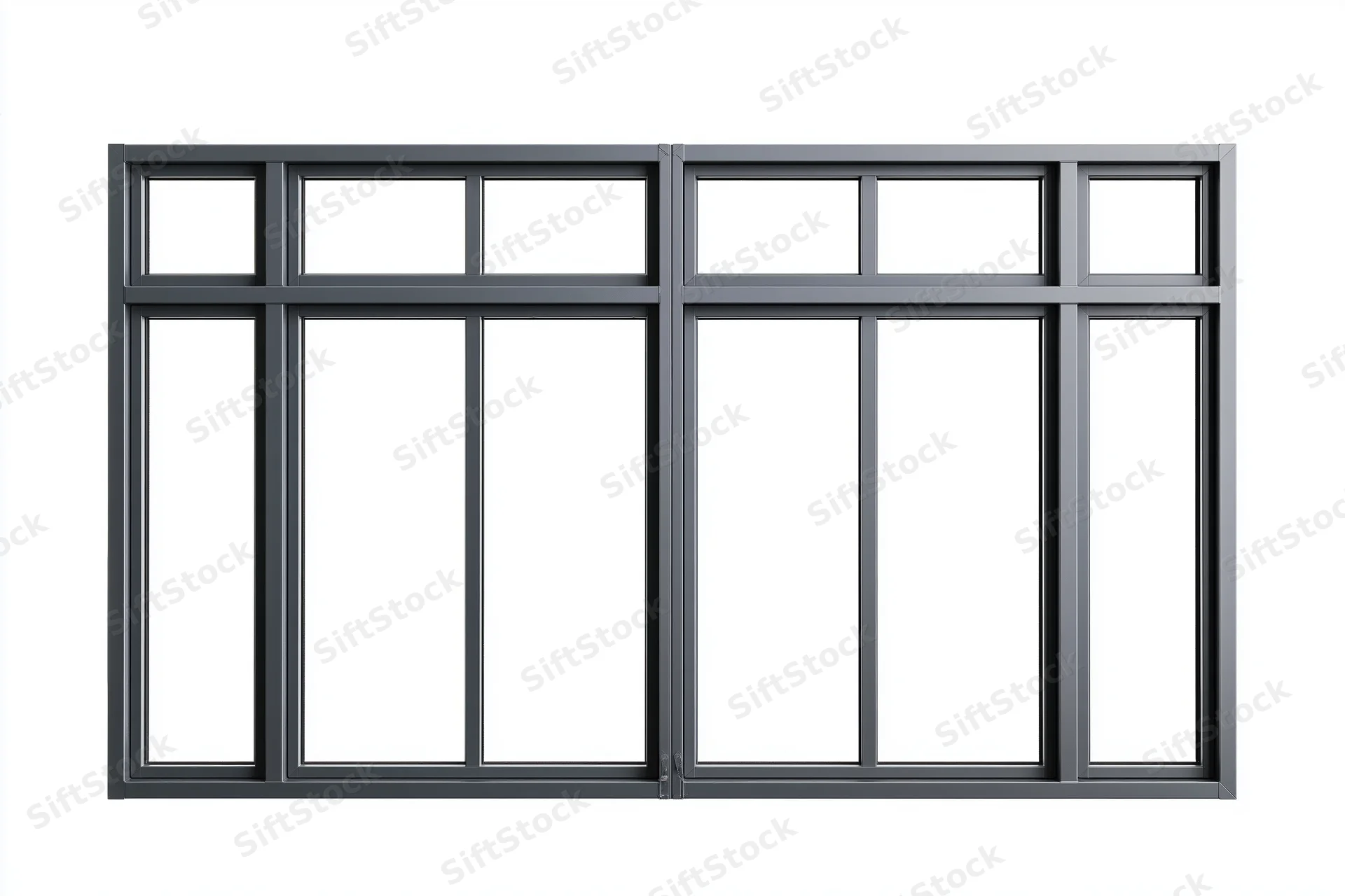 Dark charcoal grey aluminum window frame with four vertical panes and grid design isolated on white