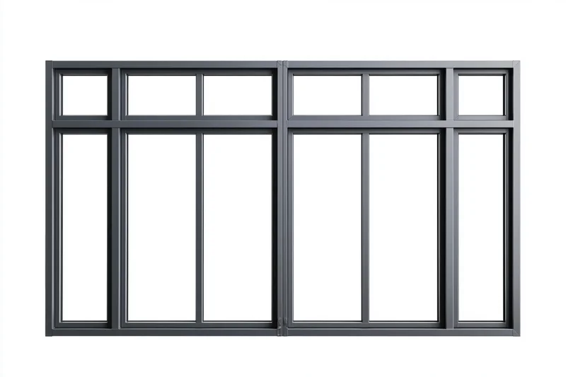 Dark charcoal grey aluminum window frame with four vertical panes and grid design isolated on white