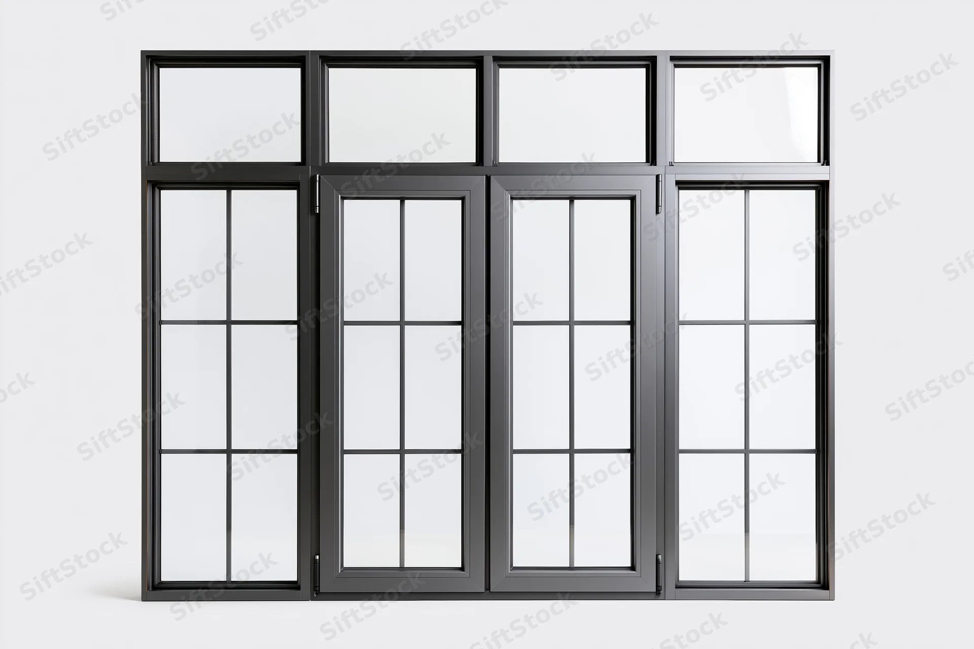 Dark charcoal grey aluminum window frame with four vertical panels and grid design isolated on white background