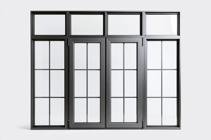 Dark charcoal grey aluminum window frame with four vertical panels and grid design isolated on white background
