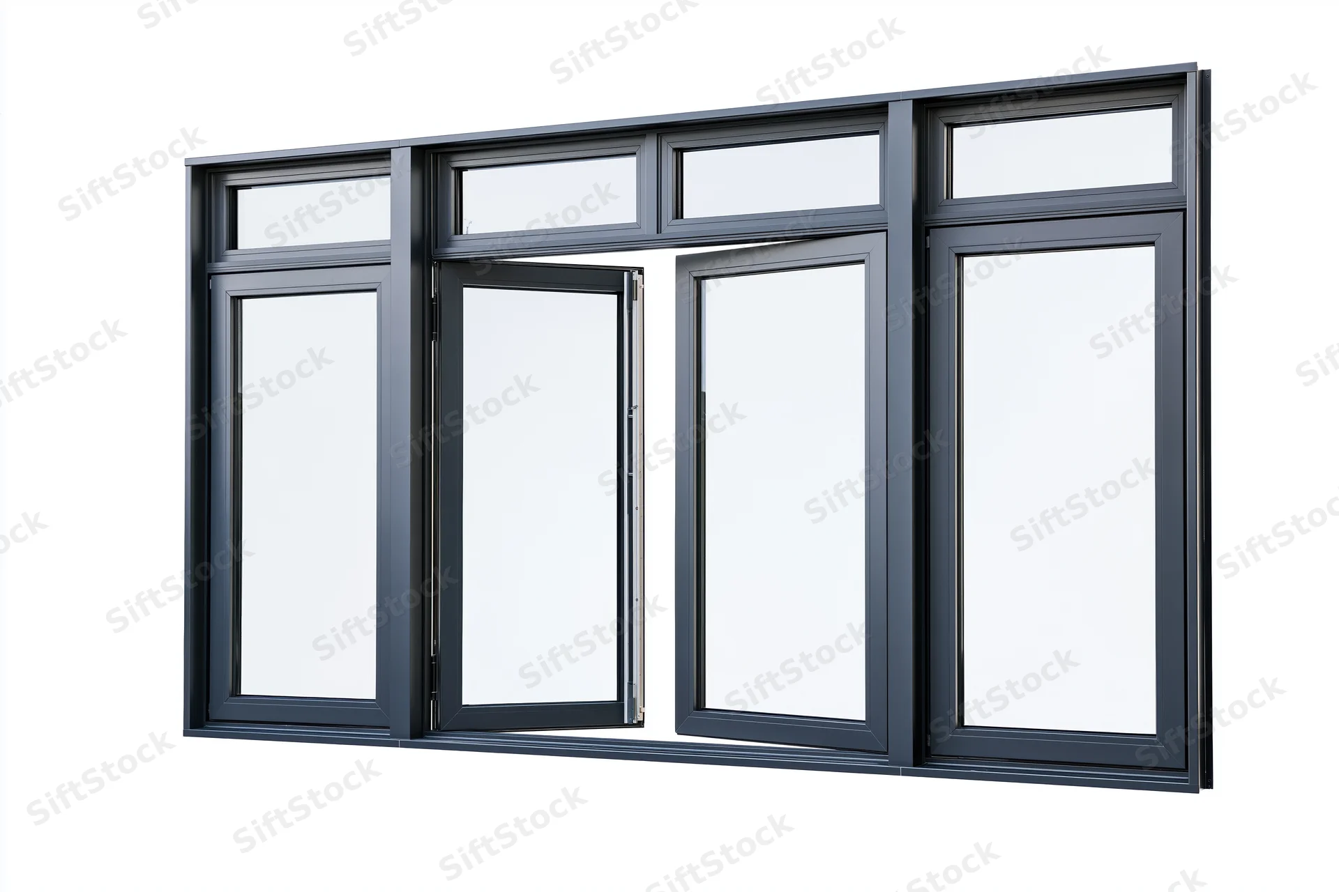 Dark charcoal grey aluminum window frame with four vertical sections, one open, isolated on white