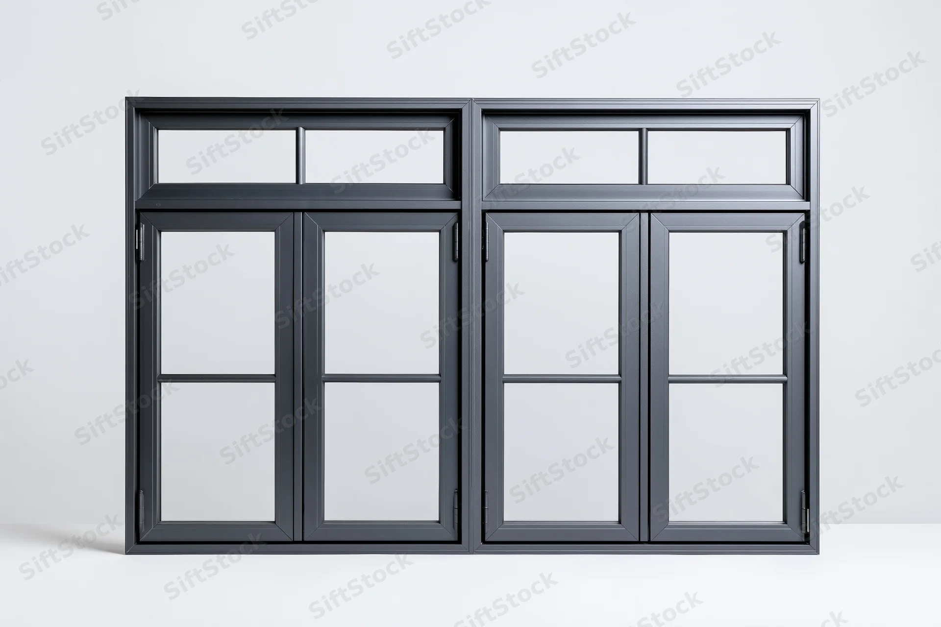 Two dark charcoal grey aluminum casement windows with glass panels displayed side by side on a white background