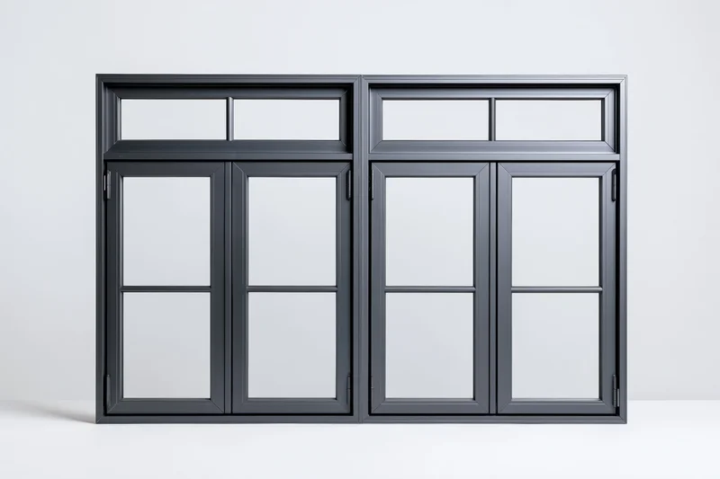 Two dark charcoal grey aluminum casement windows with glass panels displayed side by side on a white background