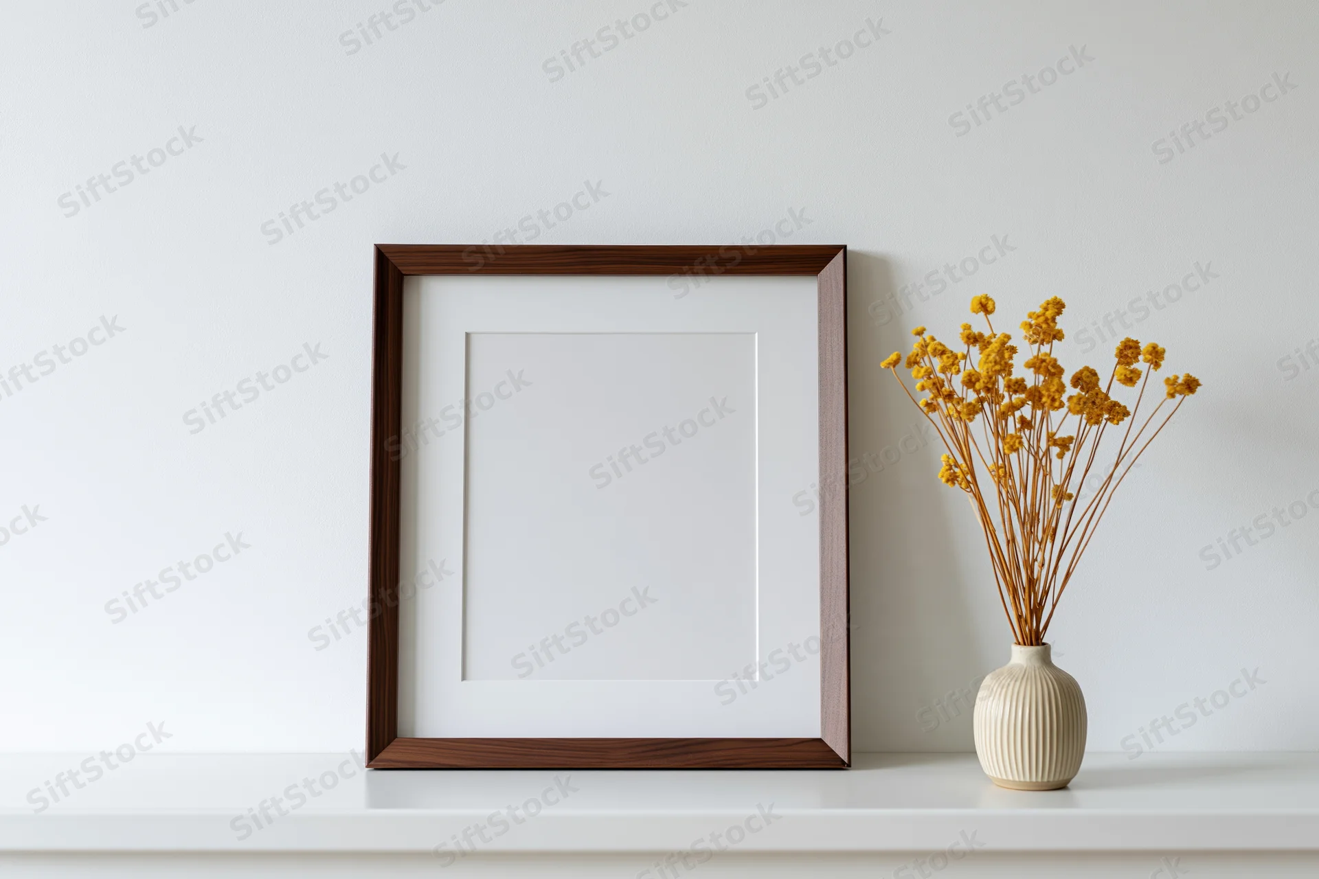 Dark walnut wood picture frame with white mat leaning on white shelf beside a ceramic vase holding dried yellow flowers