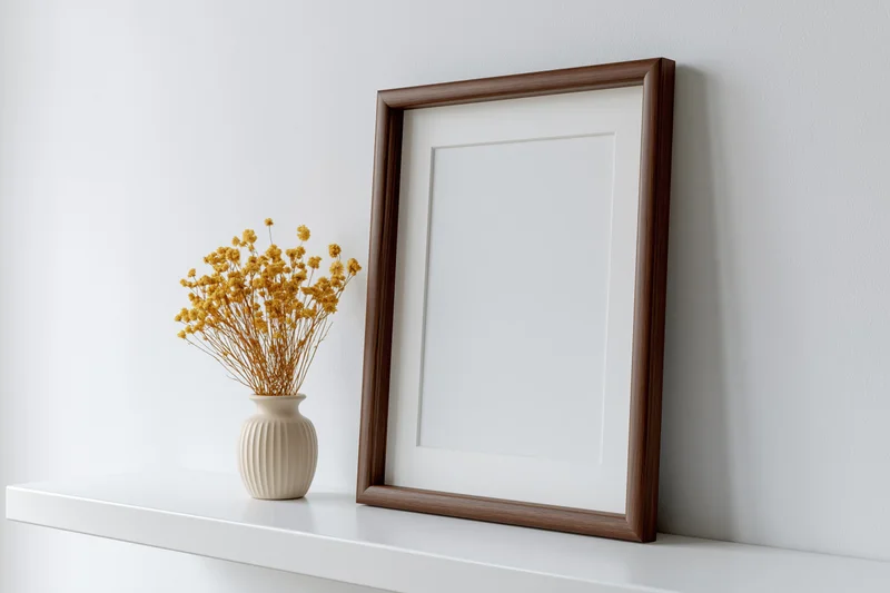 Dark walnut wood picture frame with white mat leaning on white shelf beside vase of dried yellow flowers