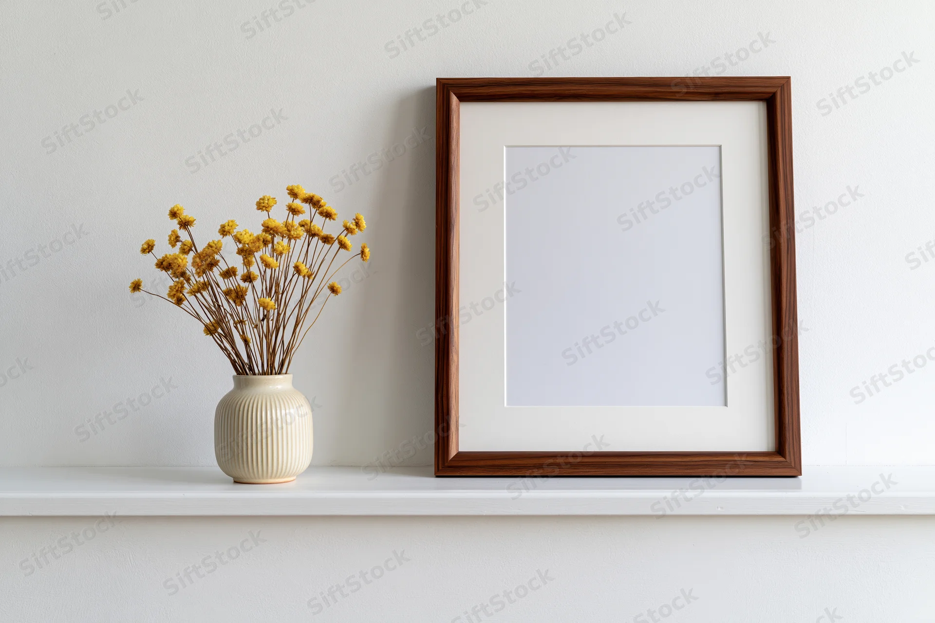 Dark walnut wood frame with white mat and dried yellow flowers in ceramic vase on white shelf