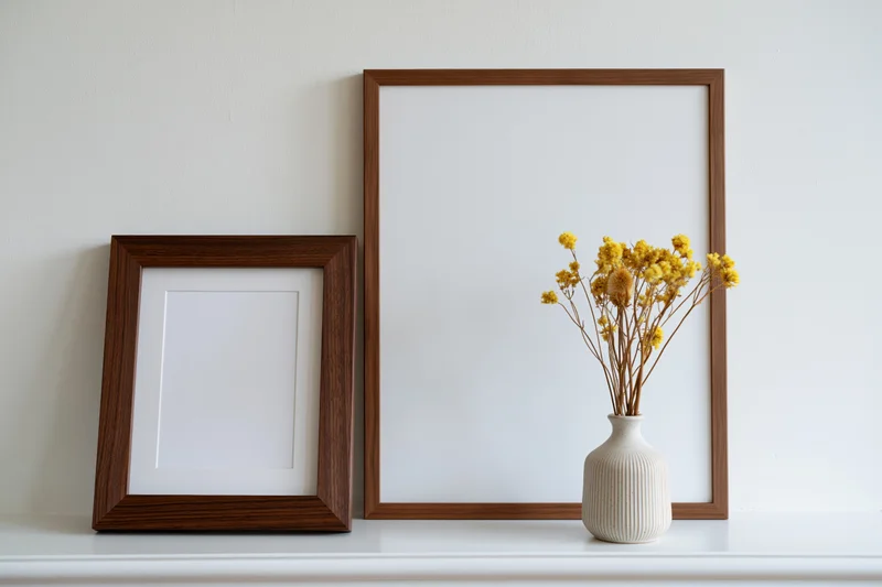 Two wooden picture frames with white mats and a vase of dried yellow flowers on a white shelf