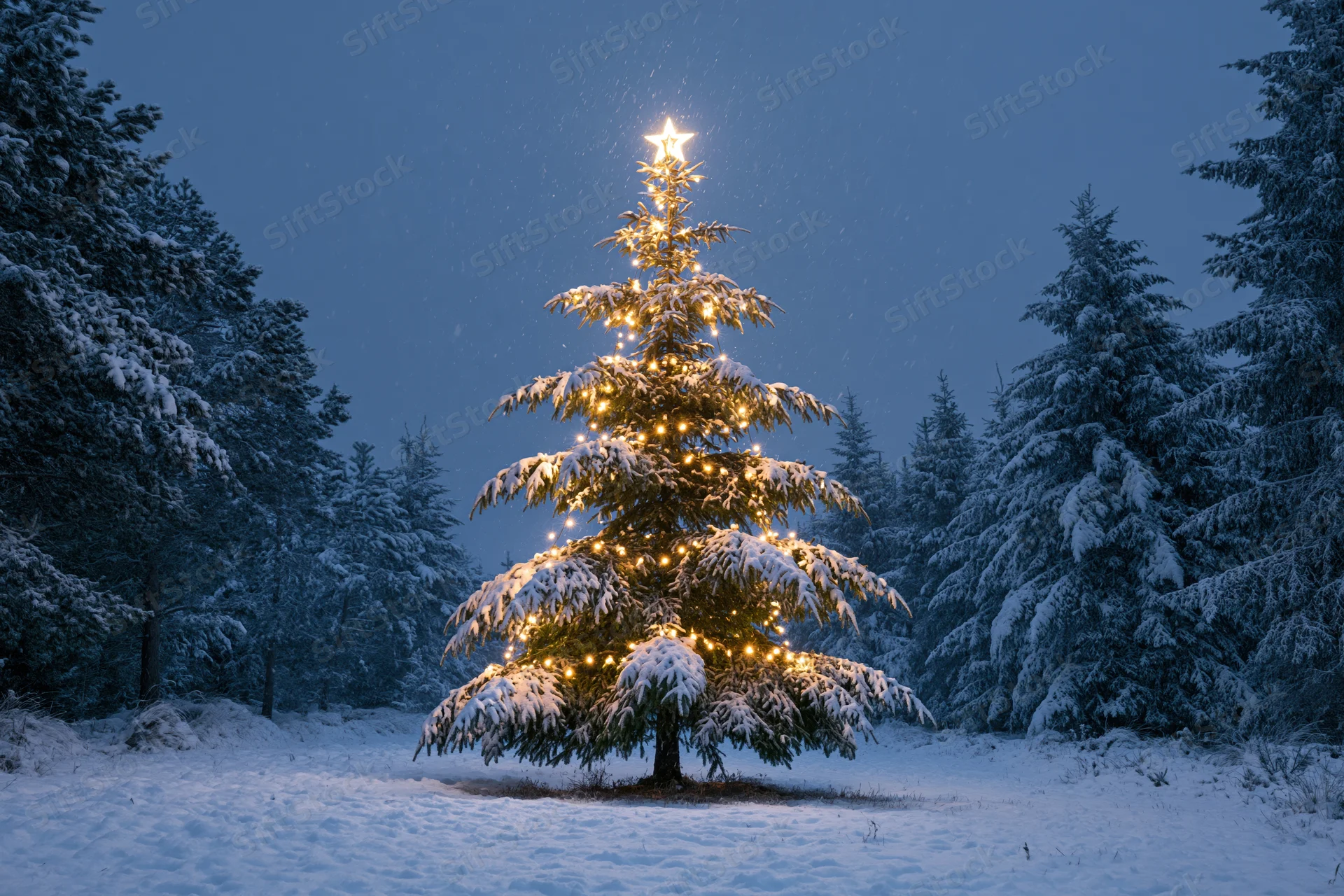 Illuminated christmas tree decorated with warm lights and a star in a snowy forest at night