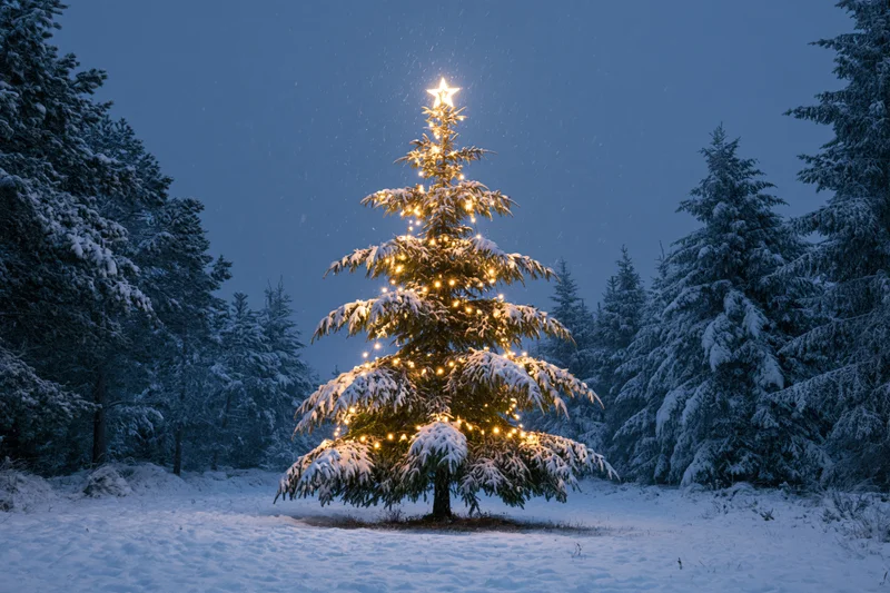 Illuminated christmas tree decorated with warm lights and a star in a snowy forest at night