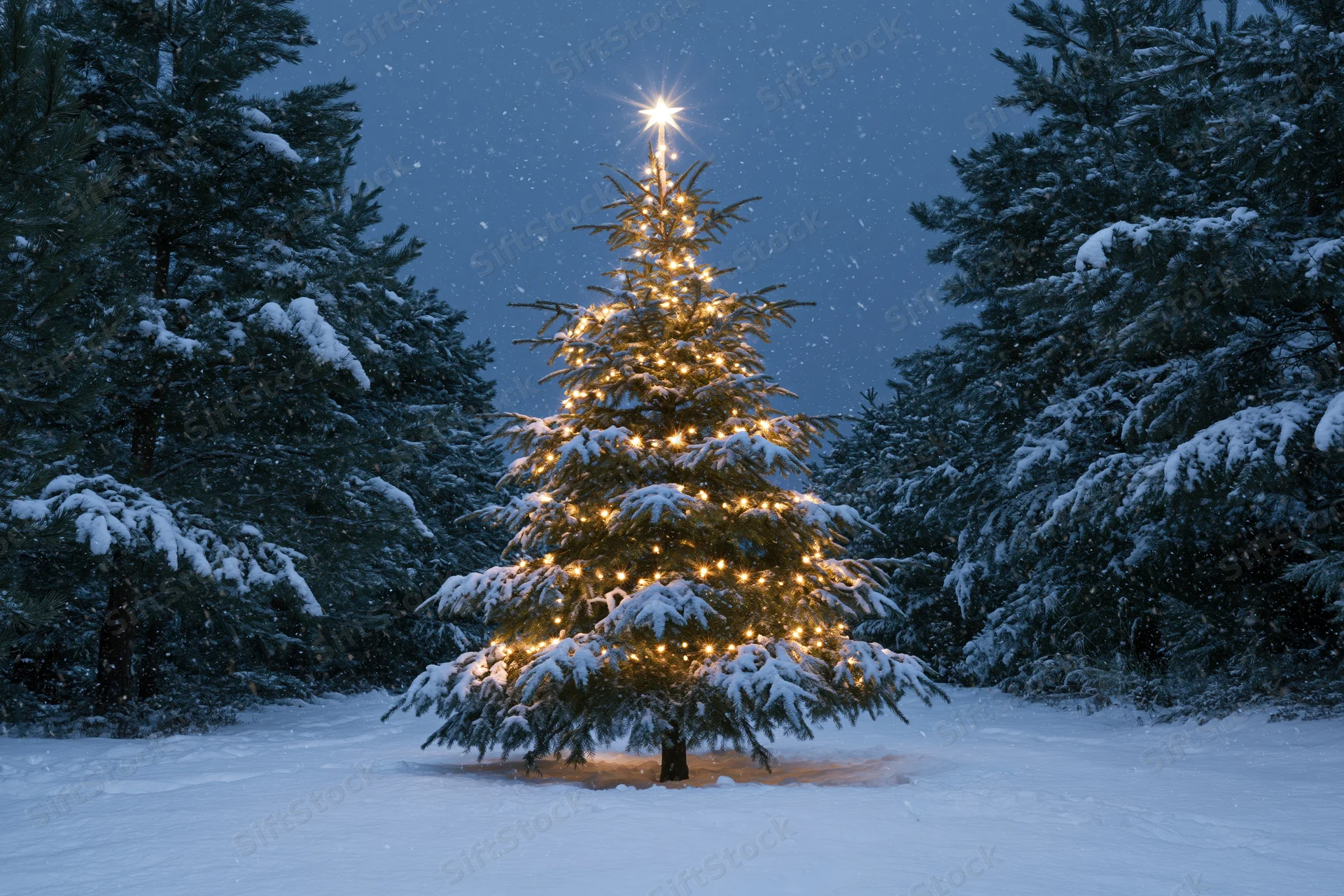 Illuminated christmas tree decorated with warm lights and a star, standing in snow-covered forest at night