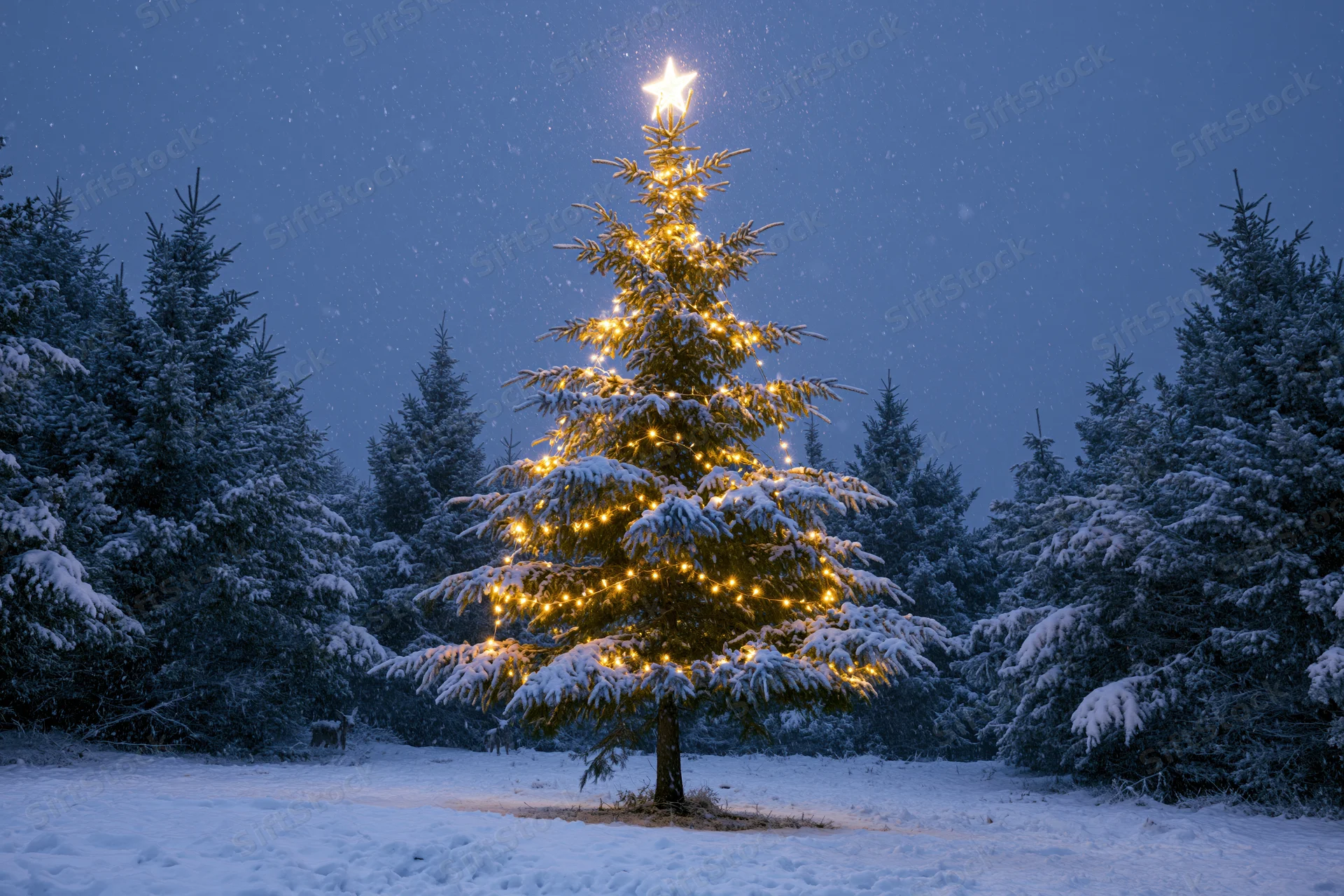 Illuminated christmas tree decorated with warm string lights and star topper in snowy forest at night