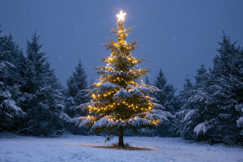Illuminated christmas tree decorated with warm string lights and star topper in snowy forest at night