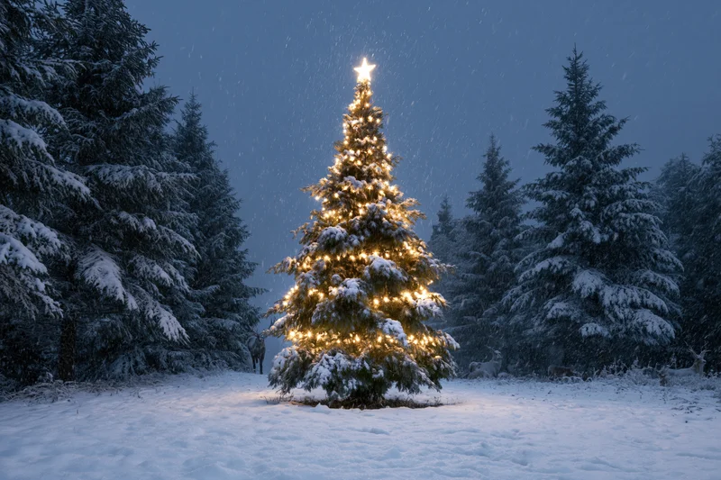 Illuminated christmas tree decorated with warm lights and star in snowy forest at night