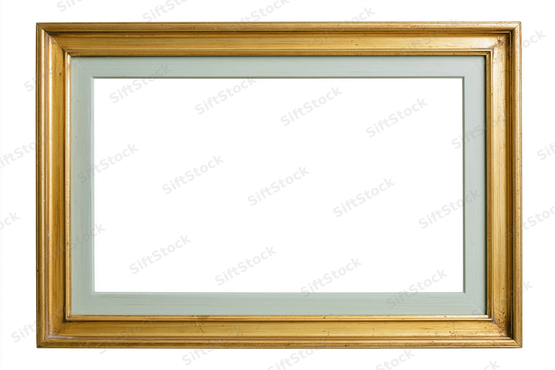 Rectangular gold decorative picture frame with white mat and empty center isolated on white background