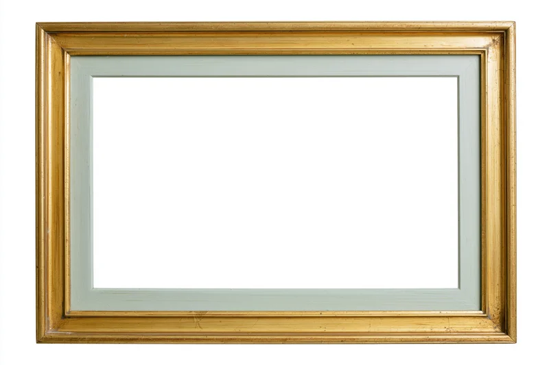 Rectangular gold decorative picture frame with white mat and empty center isolated on white background