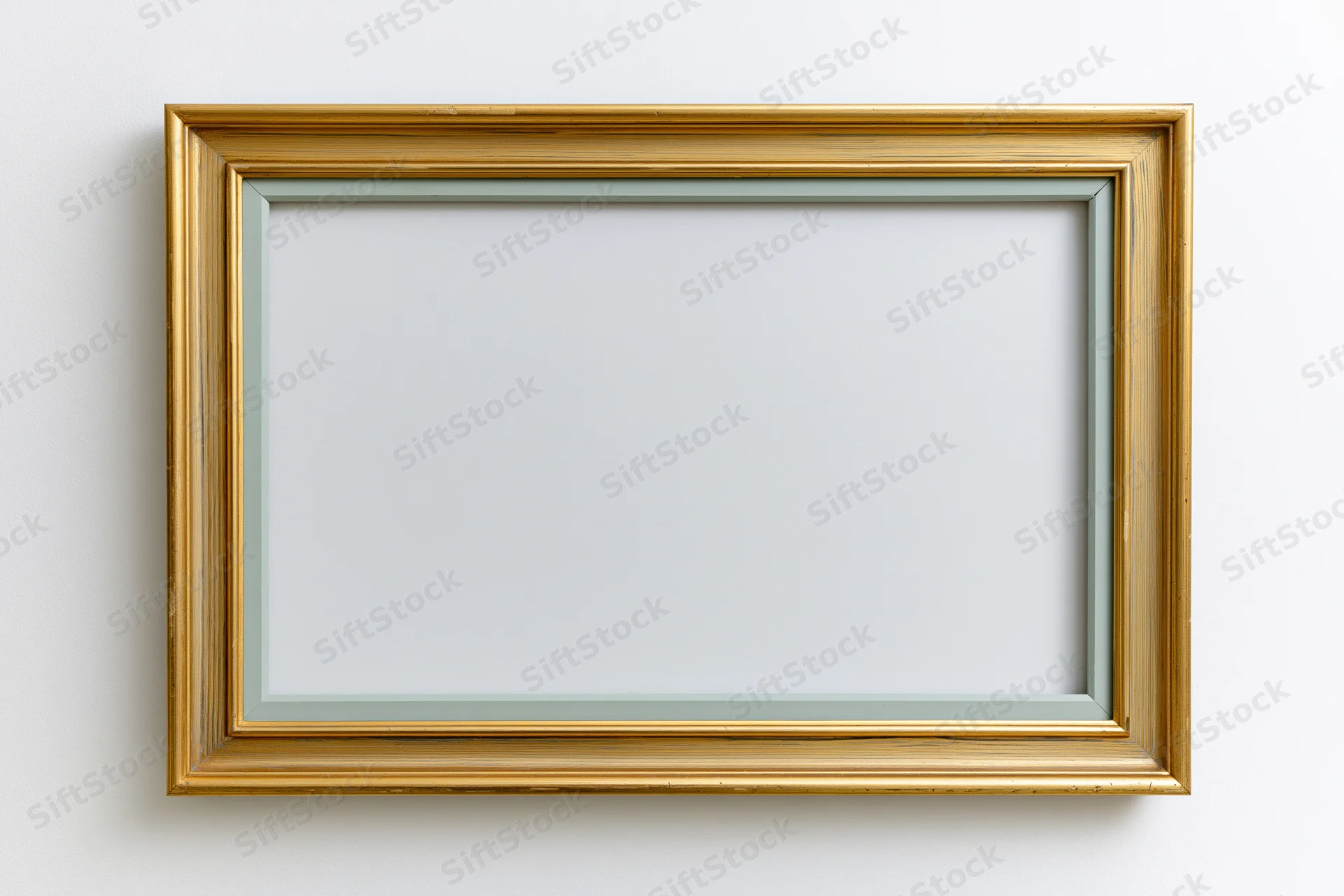 Gold rectangular picture frame hanging on white wall with empty space inside
