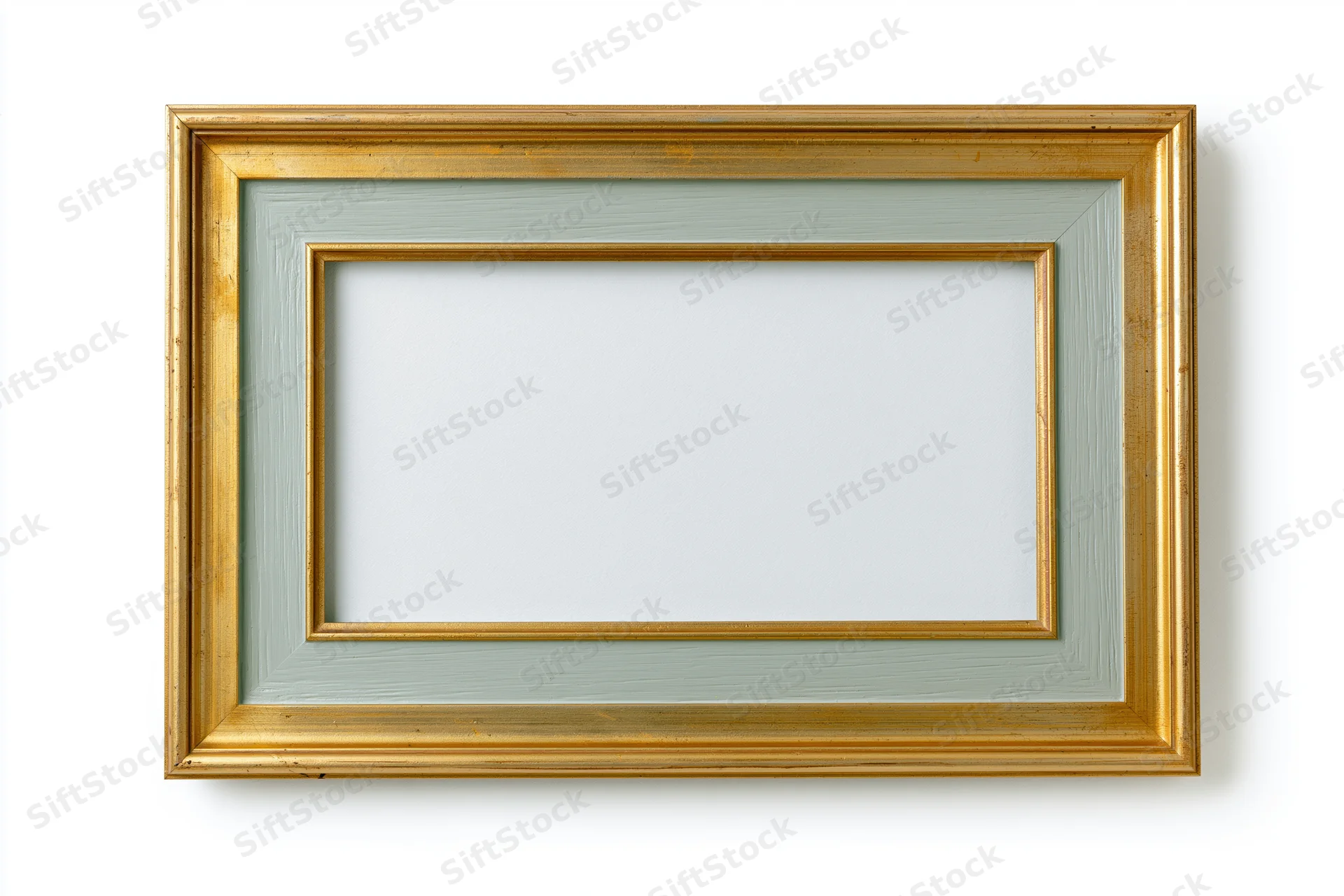 Rectangular gold decorative picture frame with white mat and empty center on white background