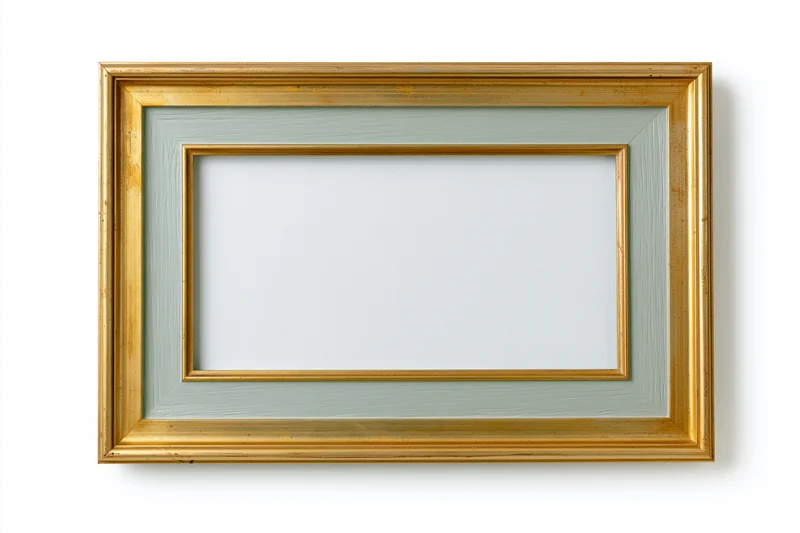Rectangular gold decorative picture frame with white mat and empty center on white background