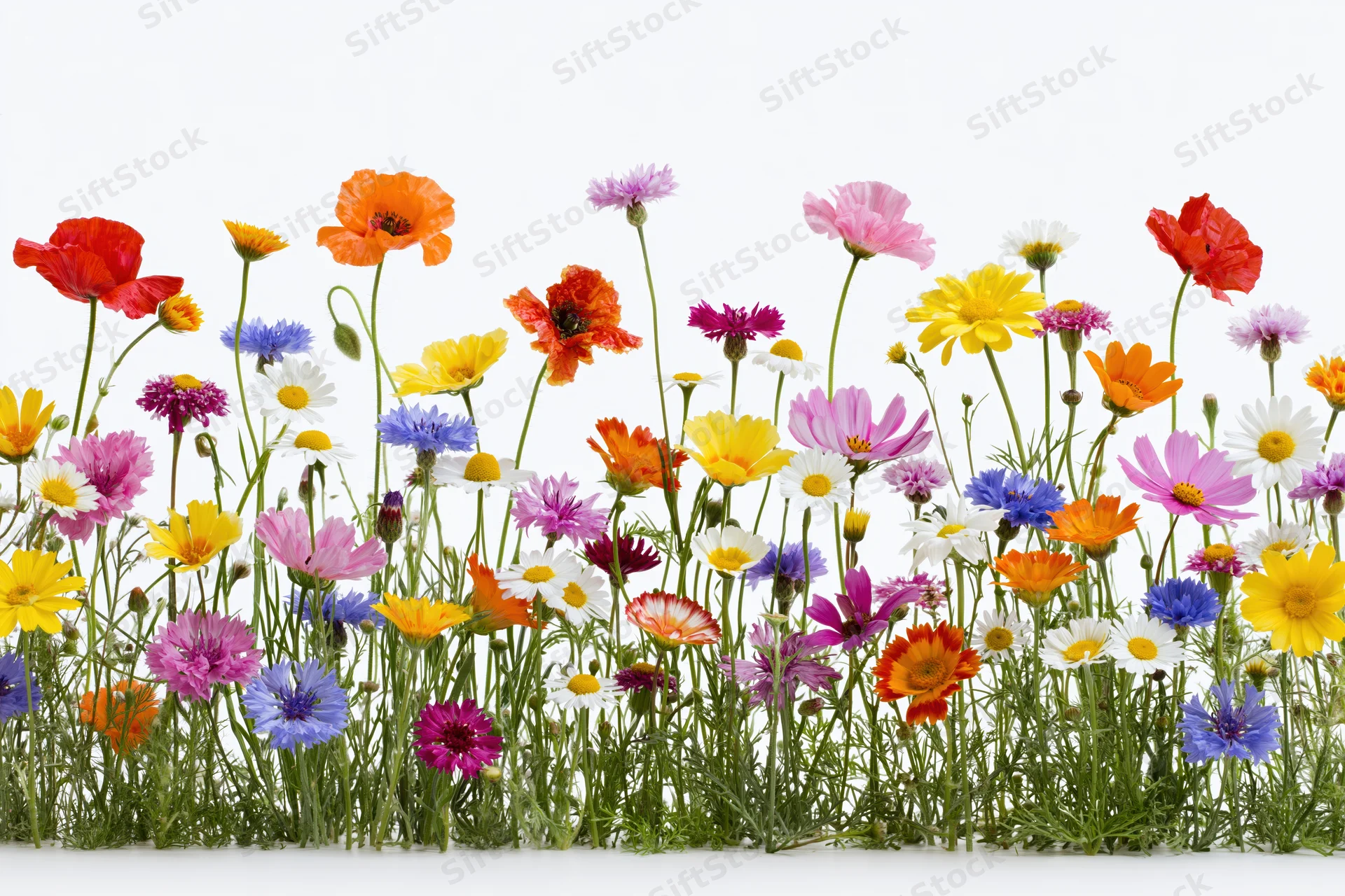A dense row of mixed wildflowers including poppies and cornflower against a white background