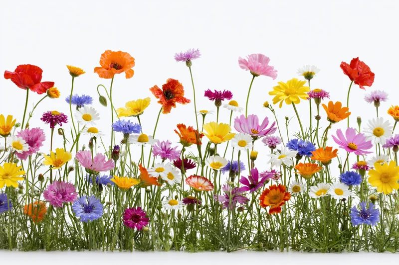 A dense row of mixed wildflowers including poppies and cornflower against a white background
