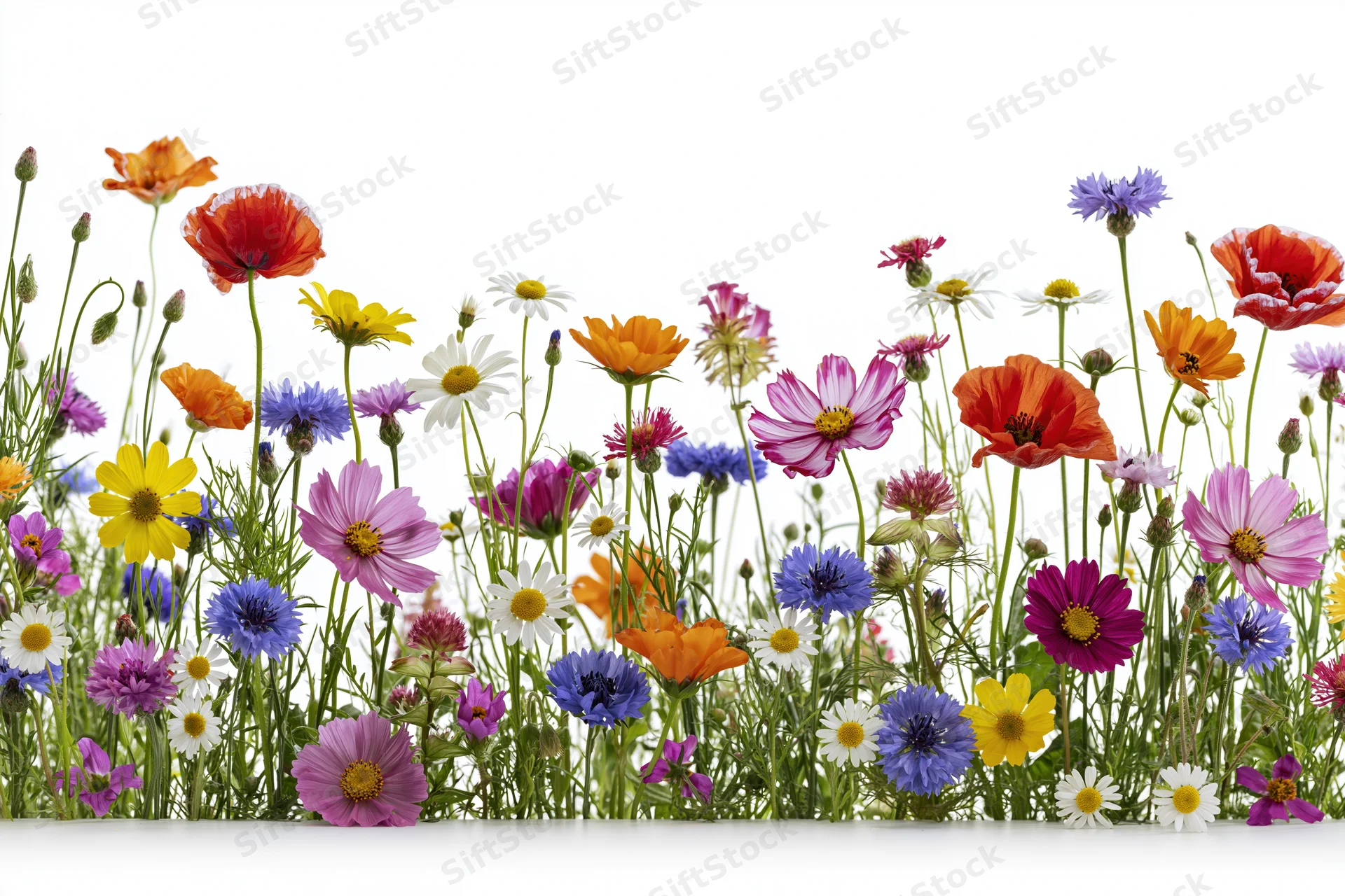 A dense row of mixed wildflowers including poppies and cornflower against white background