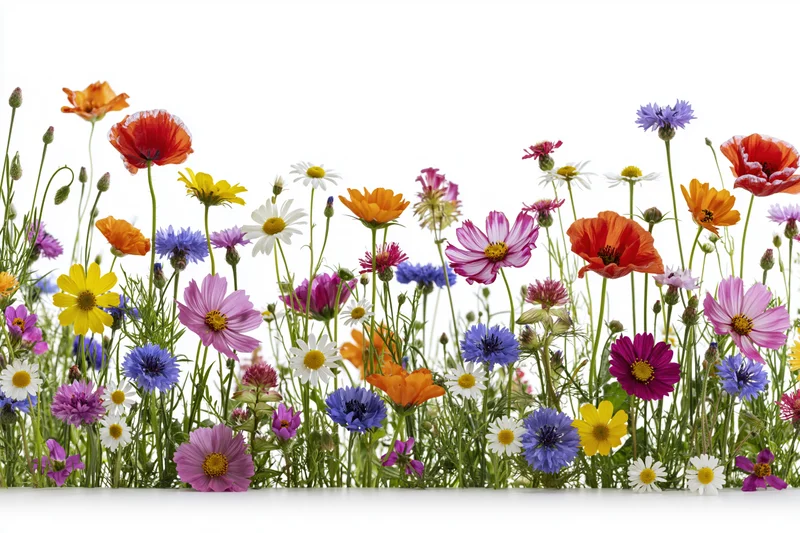 A dense row of mixed wildflowers including poppies and cornflower against white background