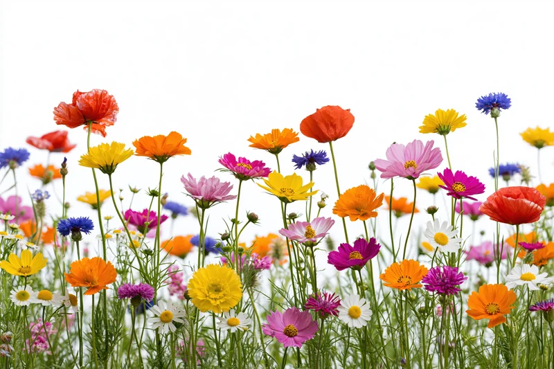 A dense row of colorful wildflowers including cosmos, poppies and cornflowers against a white background