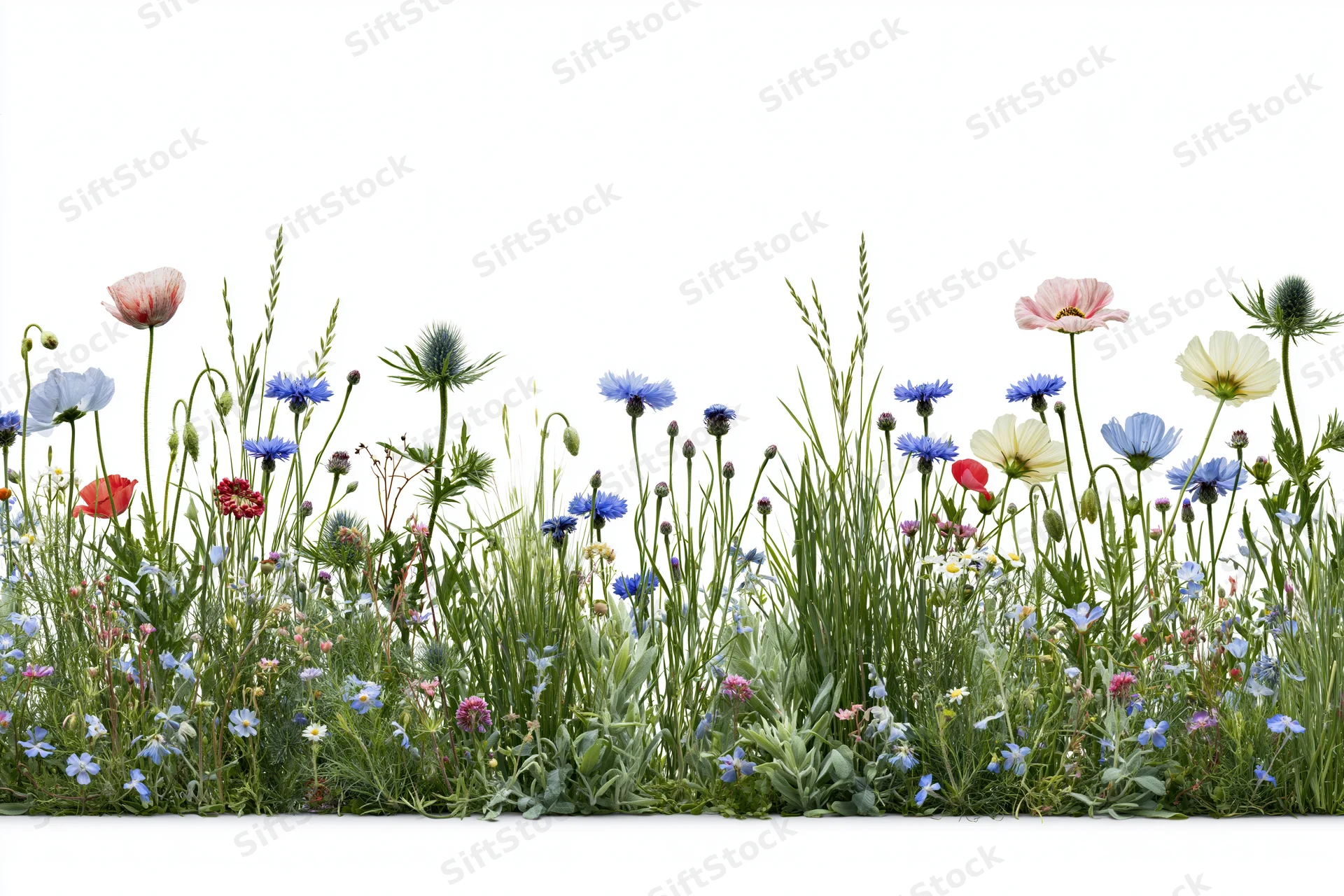 Dense row of mixed wildflowers including poppies and cornflowers against white background